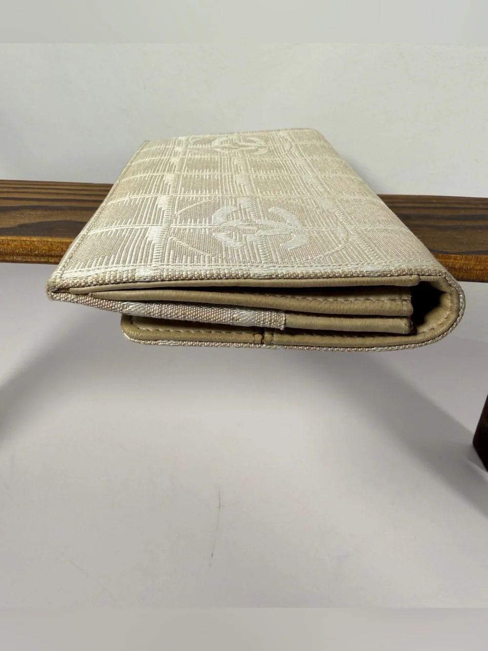1270: Chanel Travel Line CC Logo Jacquard Beige Continental Wallet